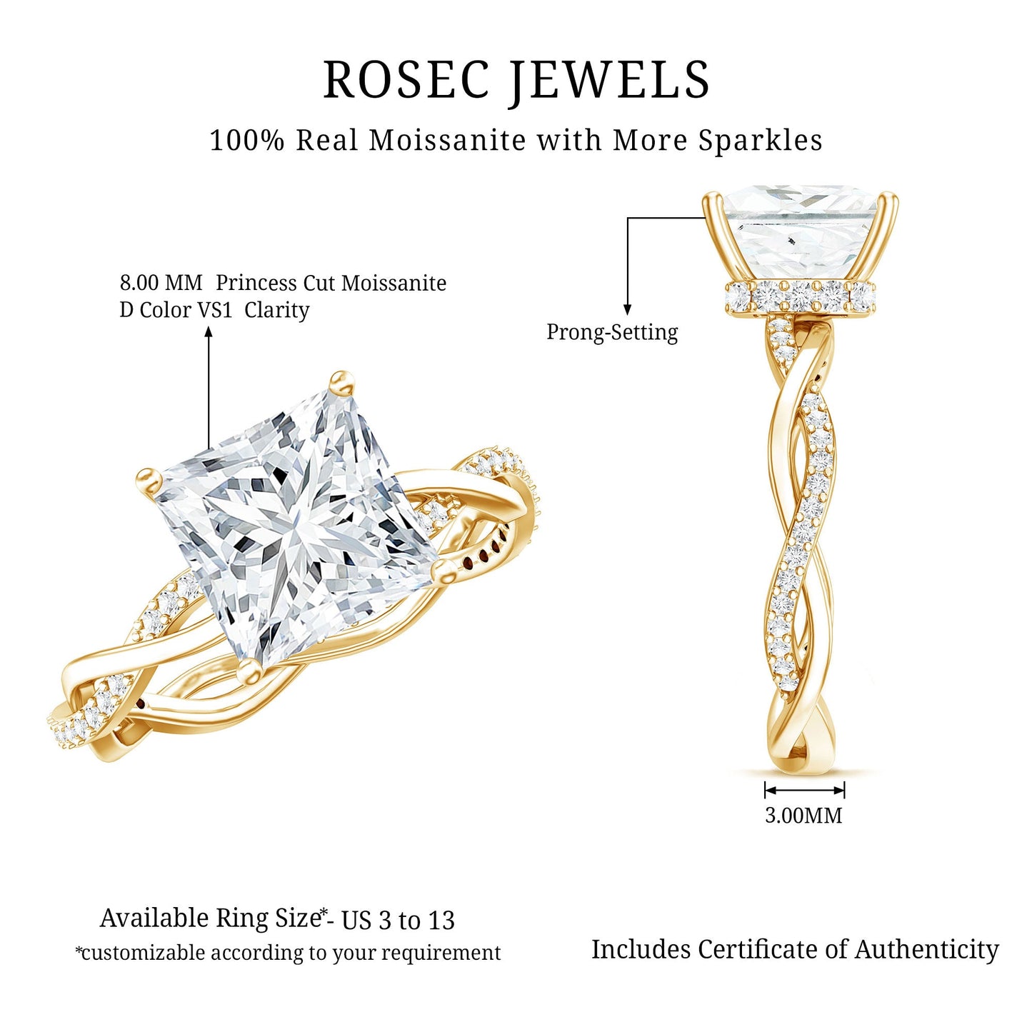 8 MM Certified Princess Cut Moissanite Engagement Ring with Hidden Halo