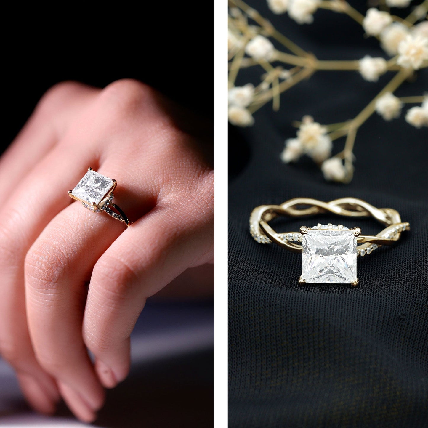 8 MM Certified Princess Cut Moissanite Engagement Ring with Hidden Halo