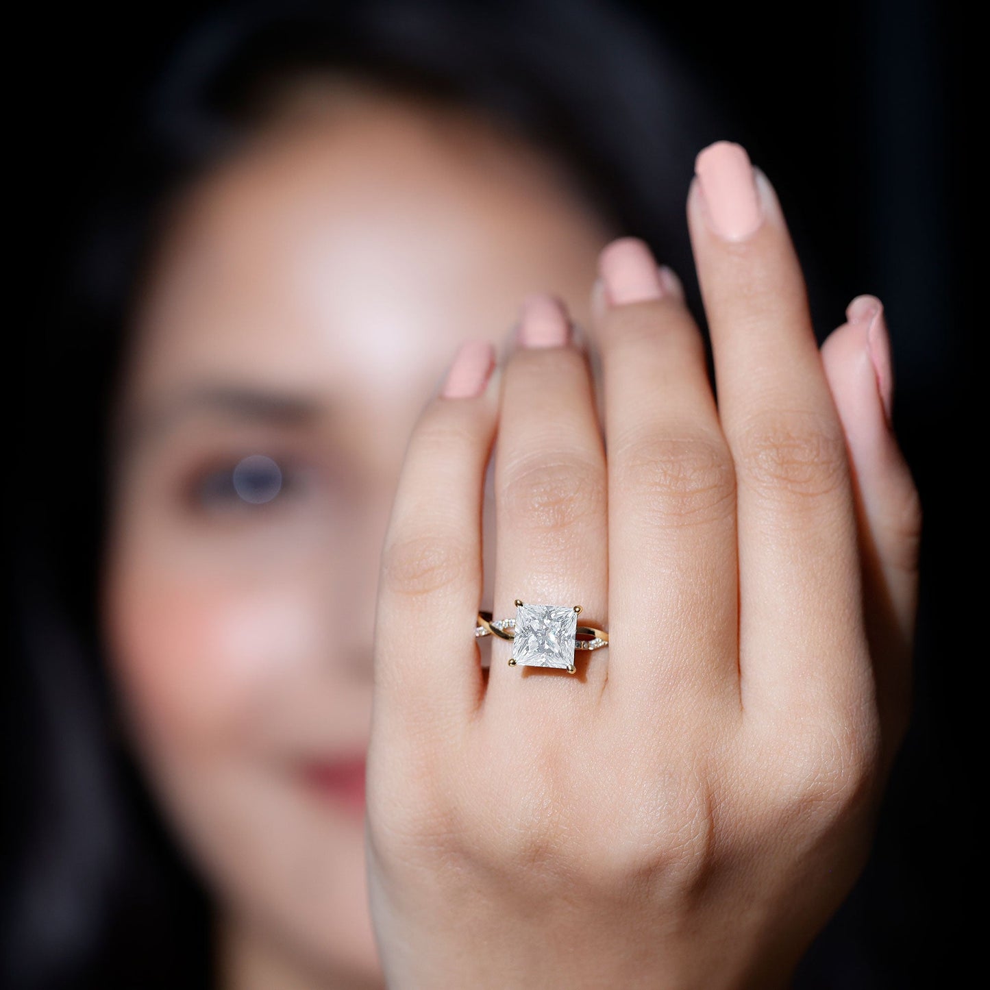 8 MM Certified Princess Cut Moissanite Engagement Ring with Hidden Halo