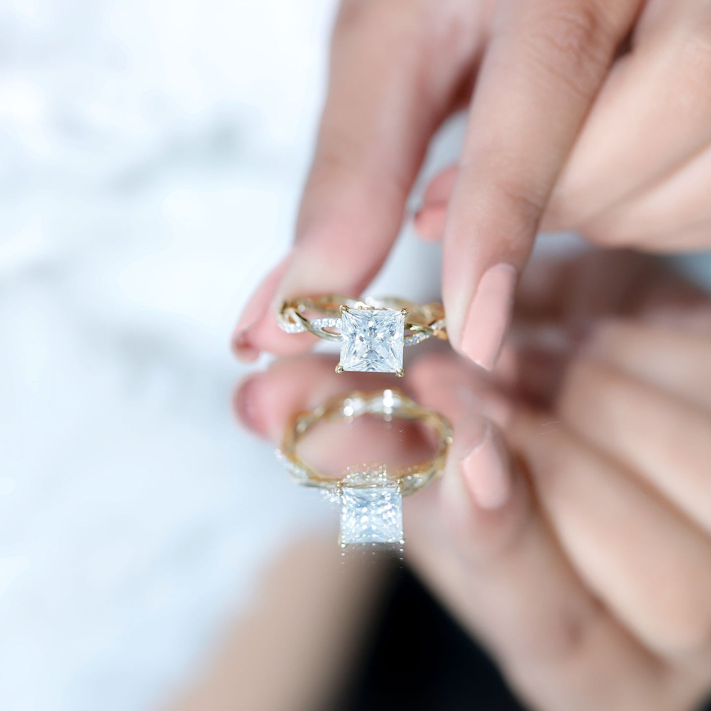 8 MM Certified Princess Cut Moissanite Engagement Ring with Hidden Halo