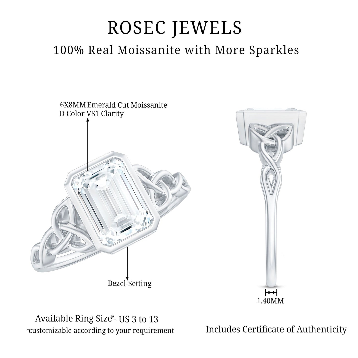 Bezel Set Emerald Cut Moissanite Celtic Engagement Ring