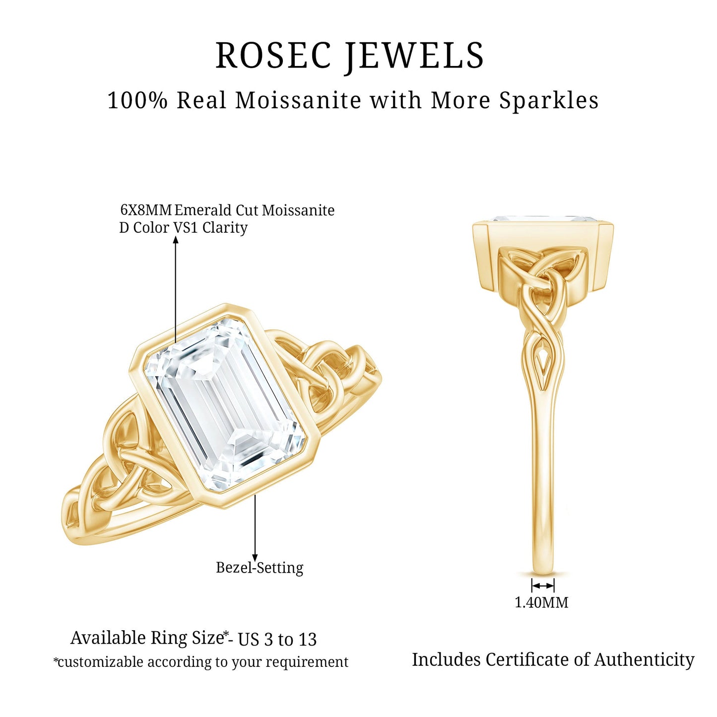 Bezel Set Emerald Cut Moissanite Celtic Engagement Ring