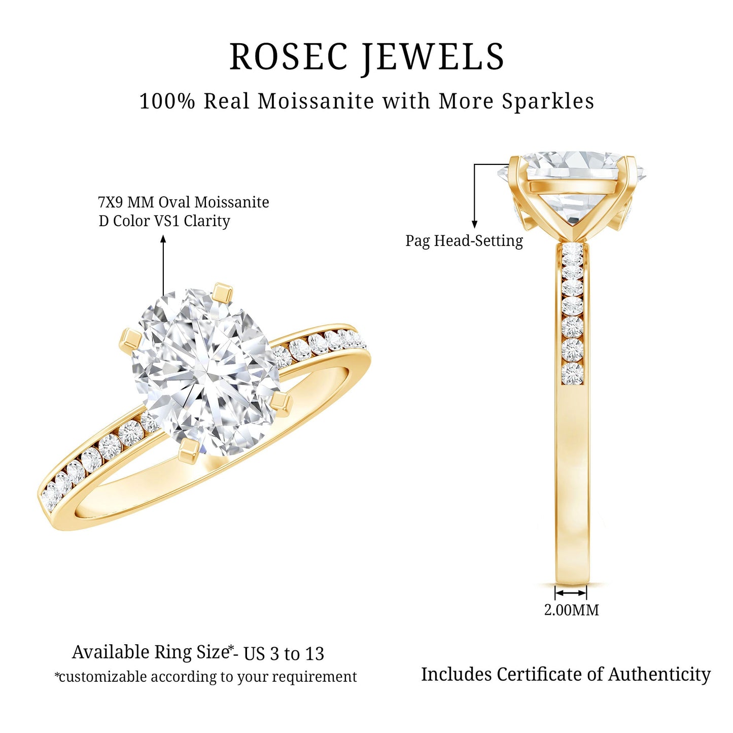 7X9 MM Solitaire Moissanite Oval Engagement Ring with Channel Set