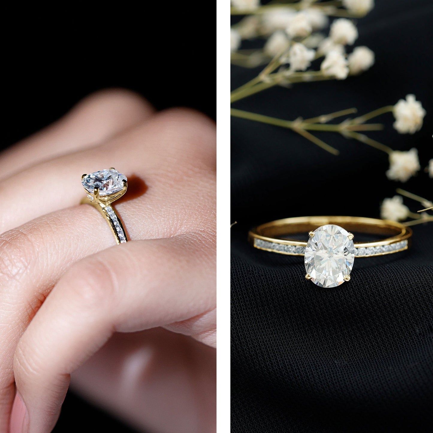 7X9 MM Solitaire Moissanite Oval Engagement Ring with Channel Set