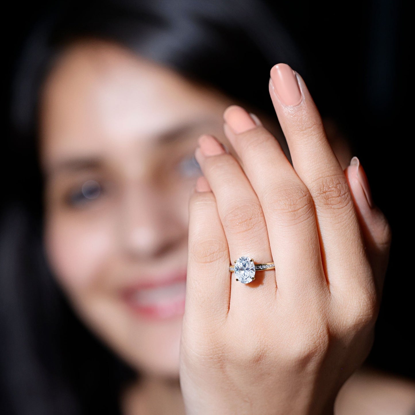 7X9 MM Solitaire Moissanite Oval Engagement Ring with Channel Set