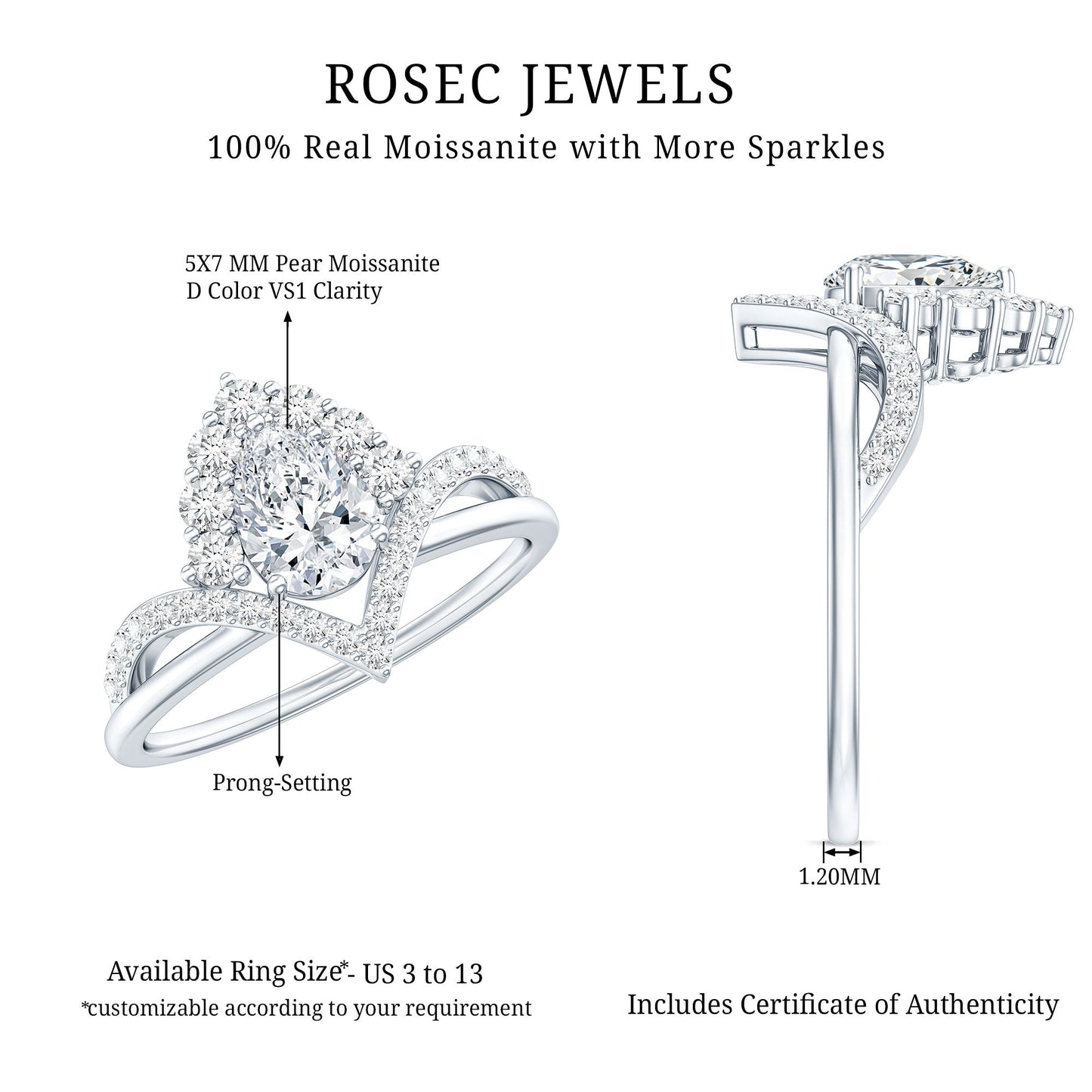 5X7 MM Pear Shaped Certified Moissanite Designer Engagement Ring