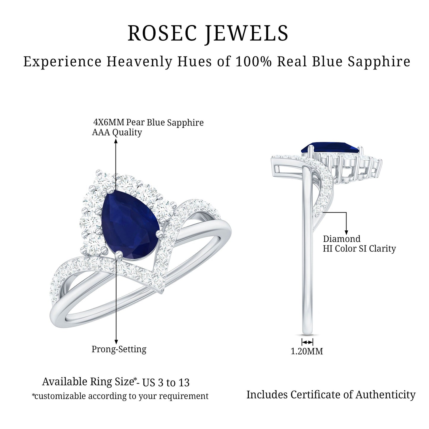 Pear Cut Blue Sapphire Designer Solitaire Ring with Diamond