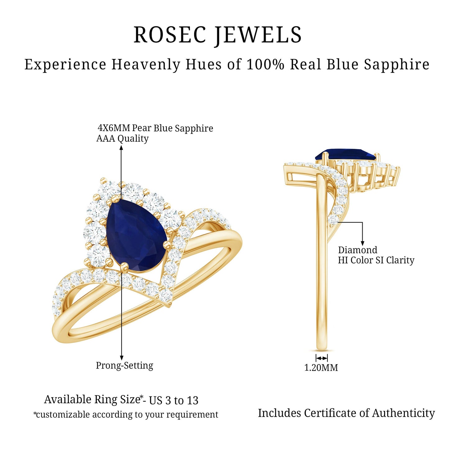 Pear Cut Blue Sapphire Designer Solitaire Ring with Diamond