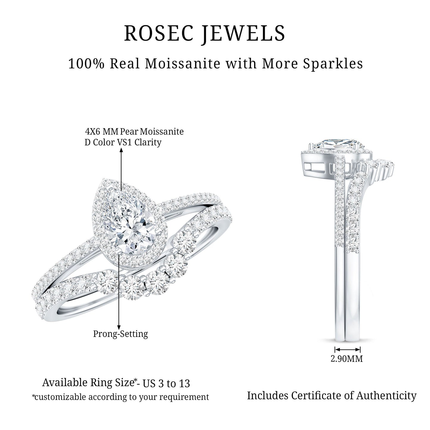 1.50 CT Certified Moissanite Designer Teardrop Ring Set