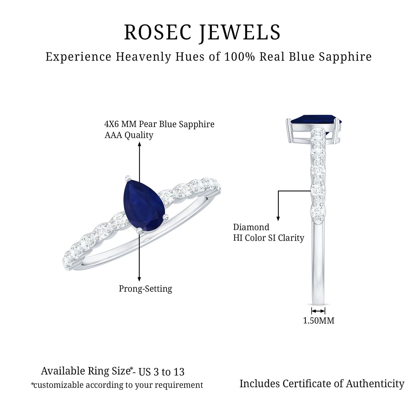 1 CT Minimal Blue Sapphire Solitaire Promise Ring with Diamond