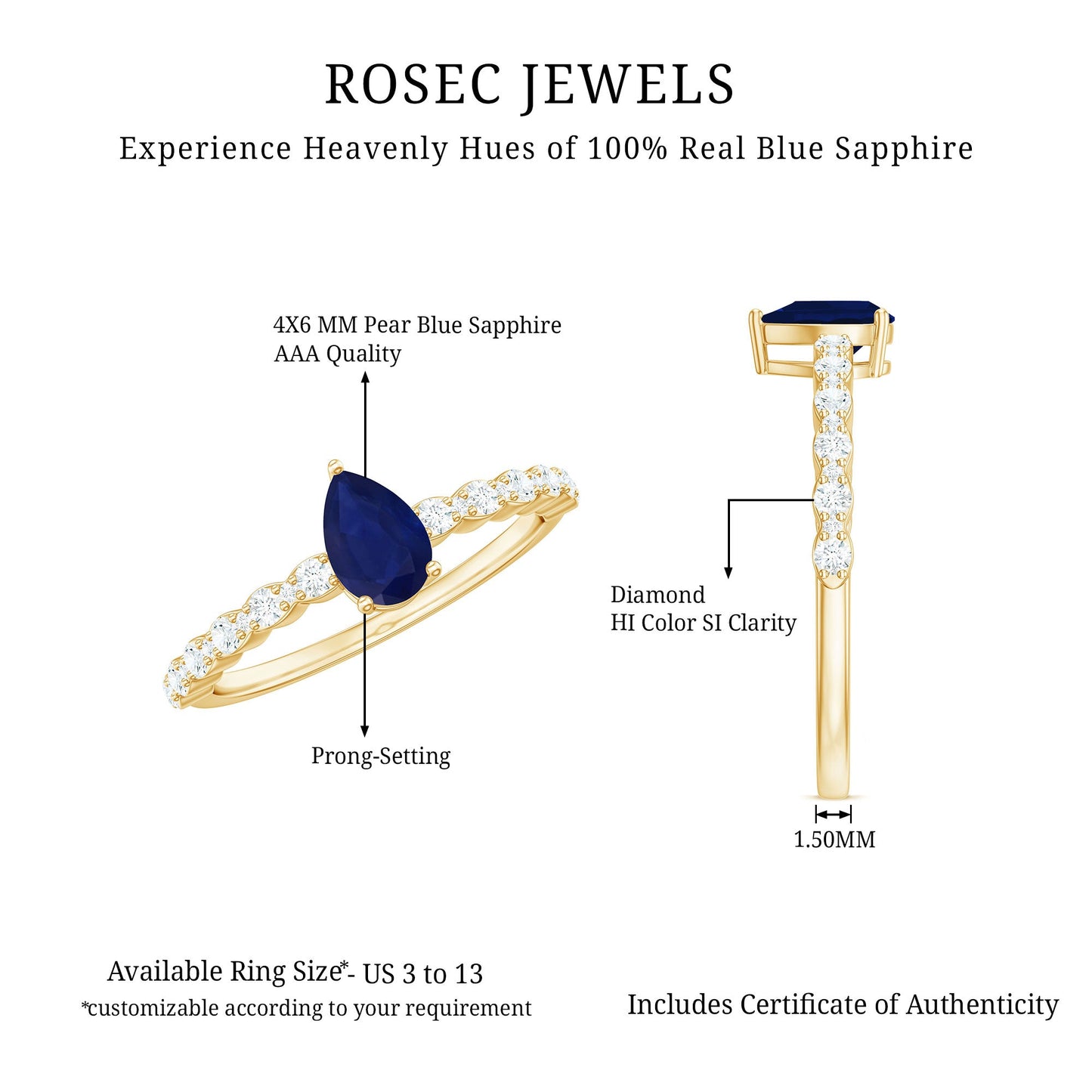 1 CT Minimal Blue Sapphire Solitaire Promise Ring with Diamond