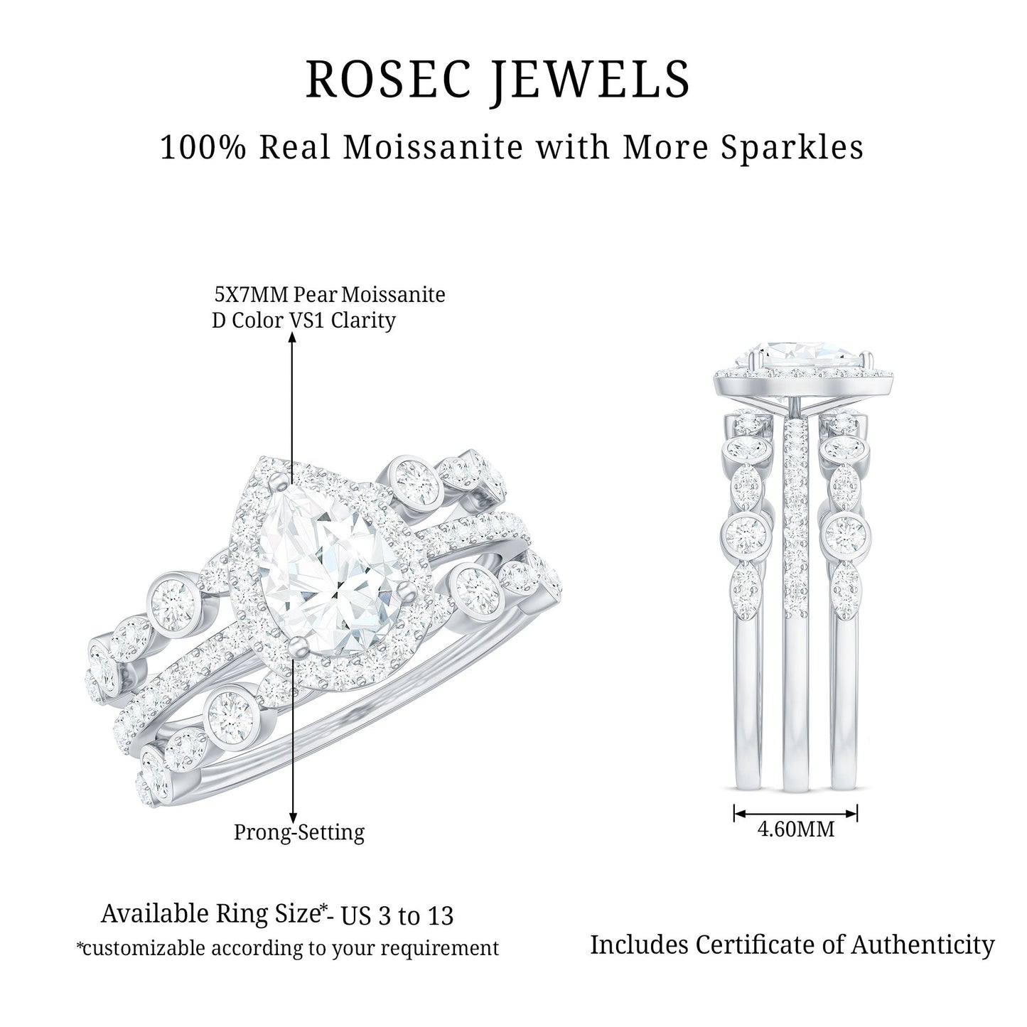 Pear Shaped Moissanite Engagement Ring with 2 Enhancers