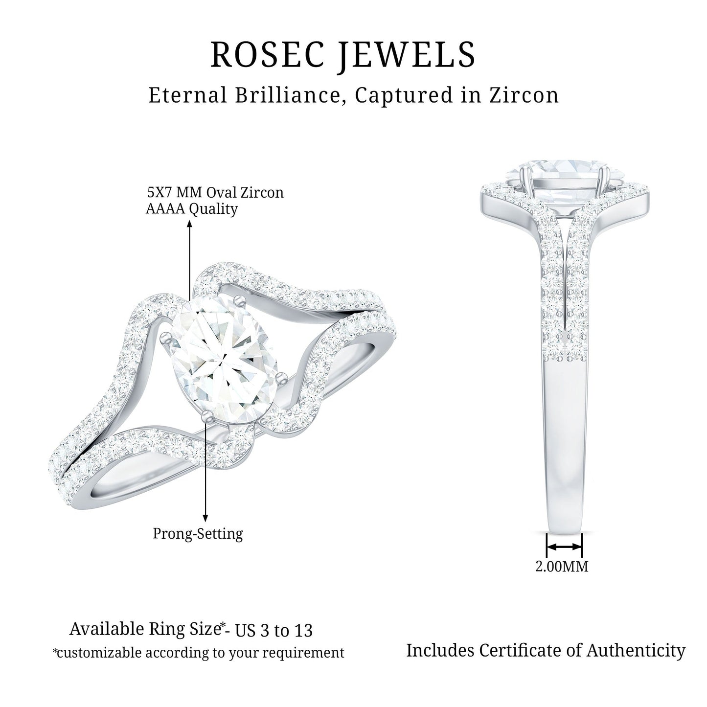 2.25 CT Oval Cut Zircon Engagement Ring with Split Shank