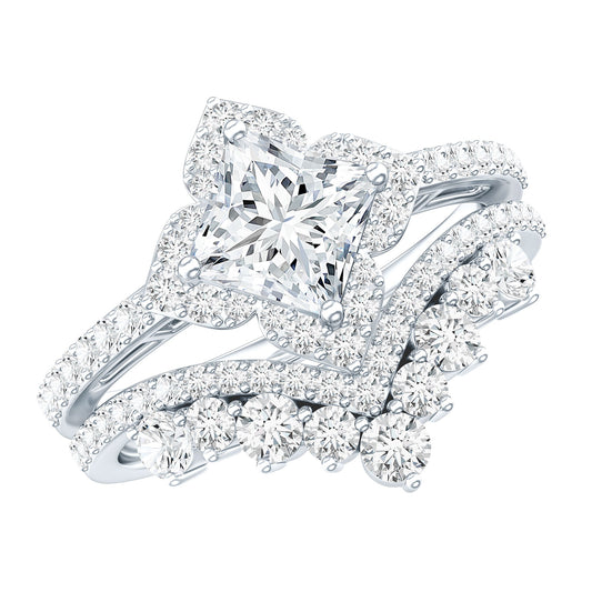 Certified Princess Cut Cubic Zirconia Flower Engagement Ring with Wedding Band
