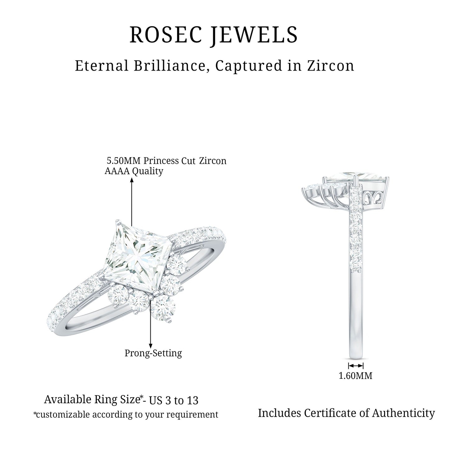 1.75 CT Princess Cut Solitaire Zircon Designer Engagement Ring