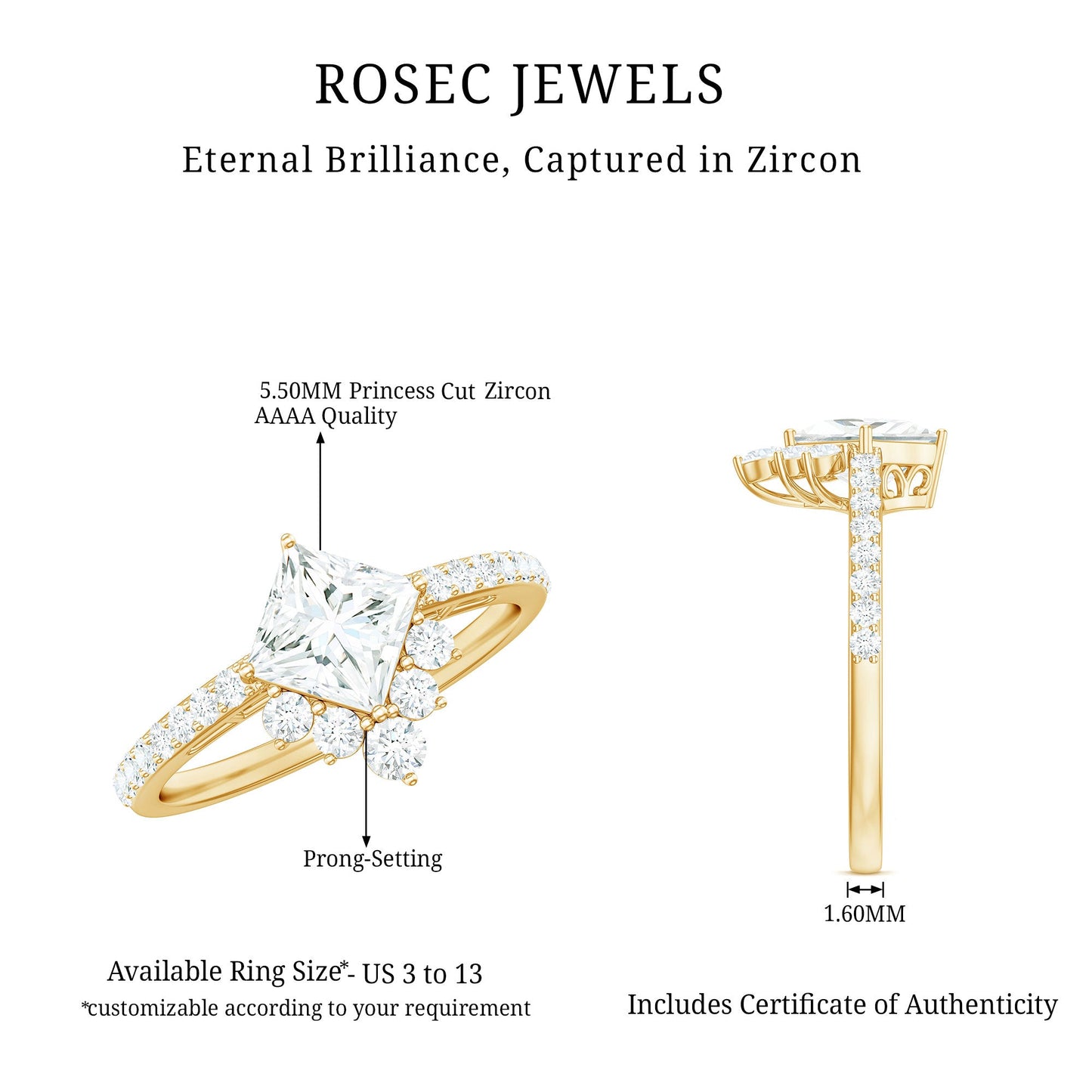 1.75 CT Princess Cut Solitaire Zircon Designer Engagement Ring