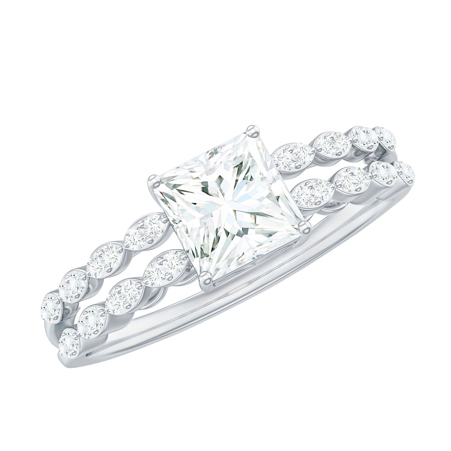 Princess Cut Zircon Double Band Engagement Ring with Side Stones