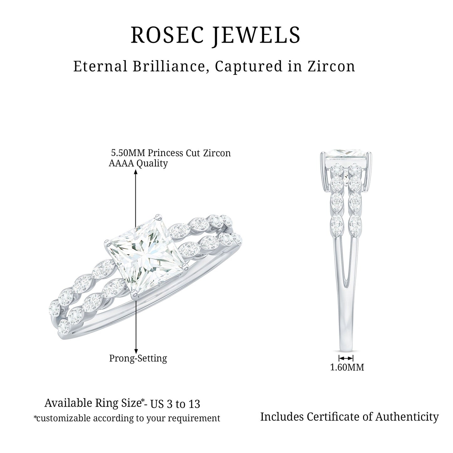 Princess Cut Zircon Double Band Engagement Ring with Side Stones