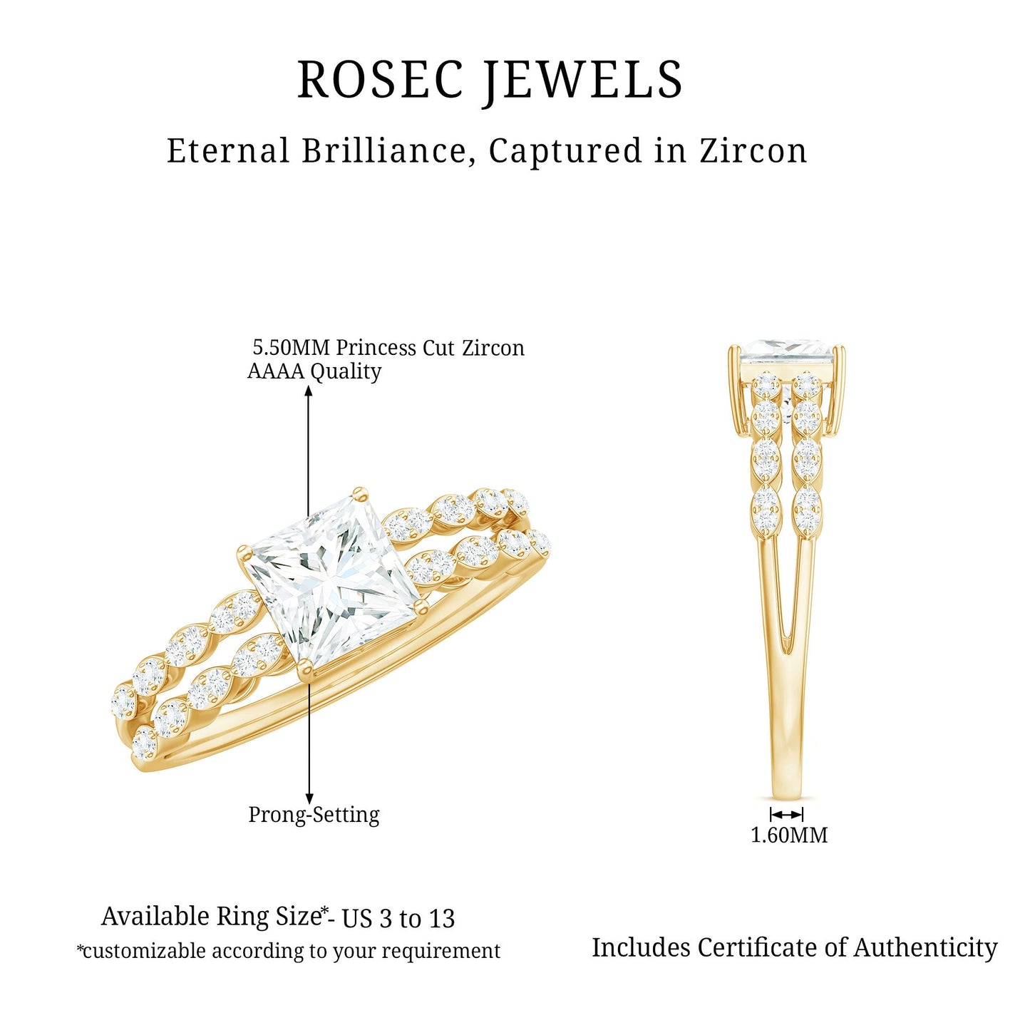 Princess Cut Zircon Double Band Engagement Ring with Side Stones