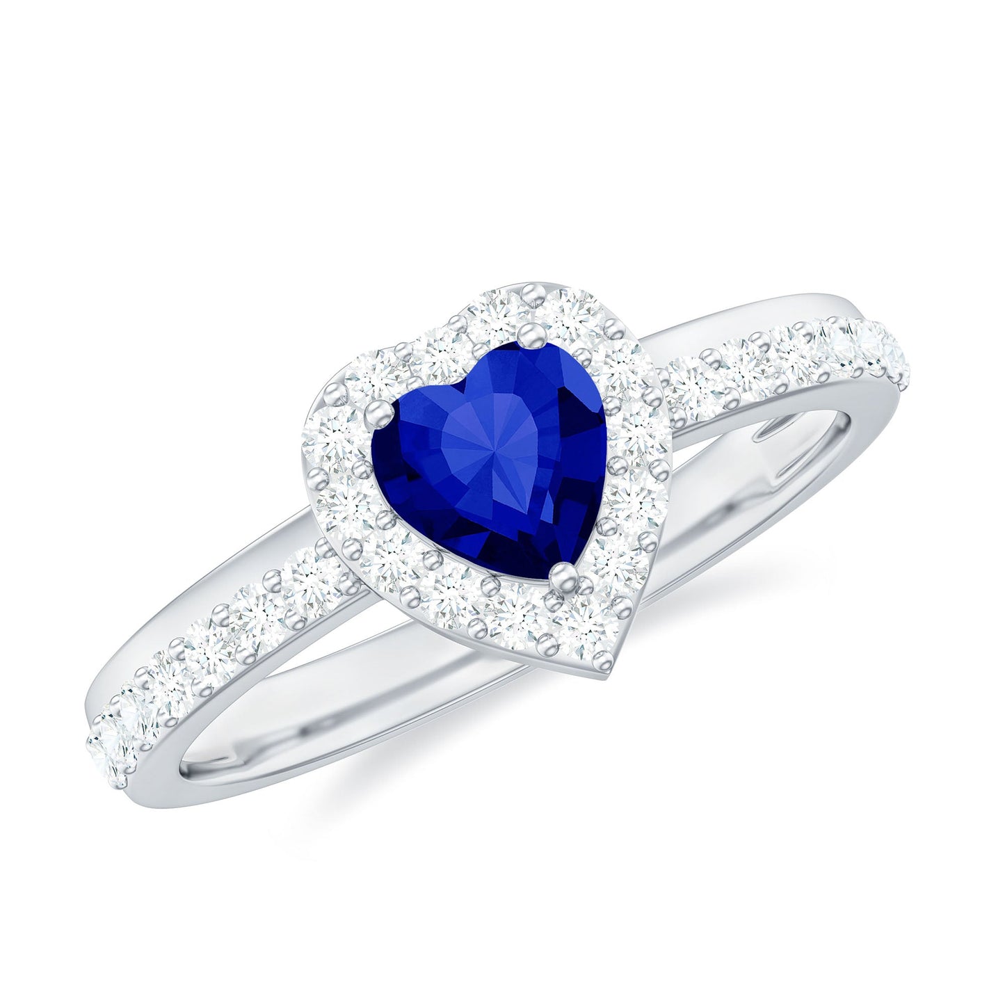 Certified 1 Carat Lab Grown Blue Sapphire Heart Engagement Ring with Diamond Halo