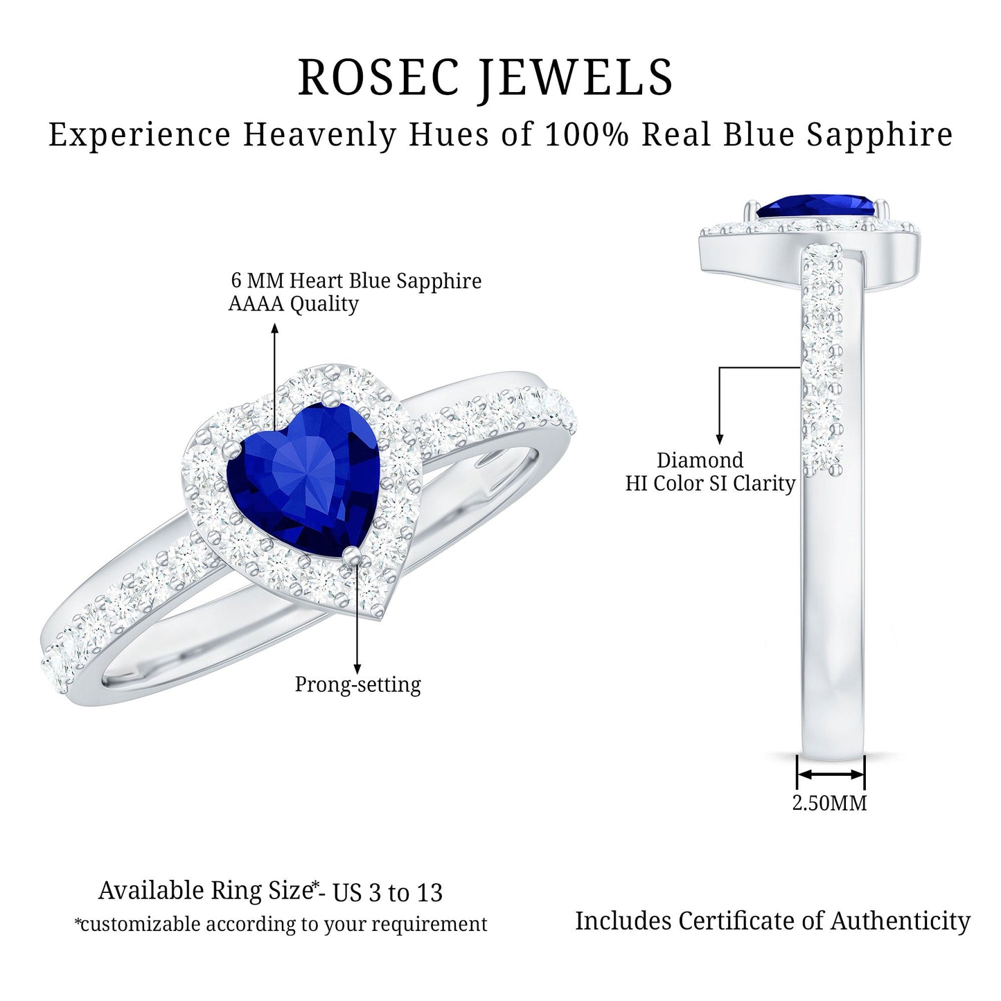 Certified 1 Carat Lab Grown Blue Sapphire Heart Engagement Ring with Diamond Halo