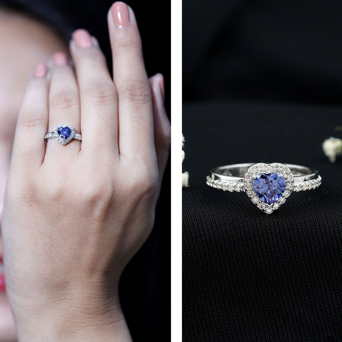 Certified 1 Carat Lab Grown Blue Sapphire Heart Engagement Ring with Diamond Halo