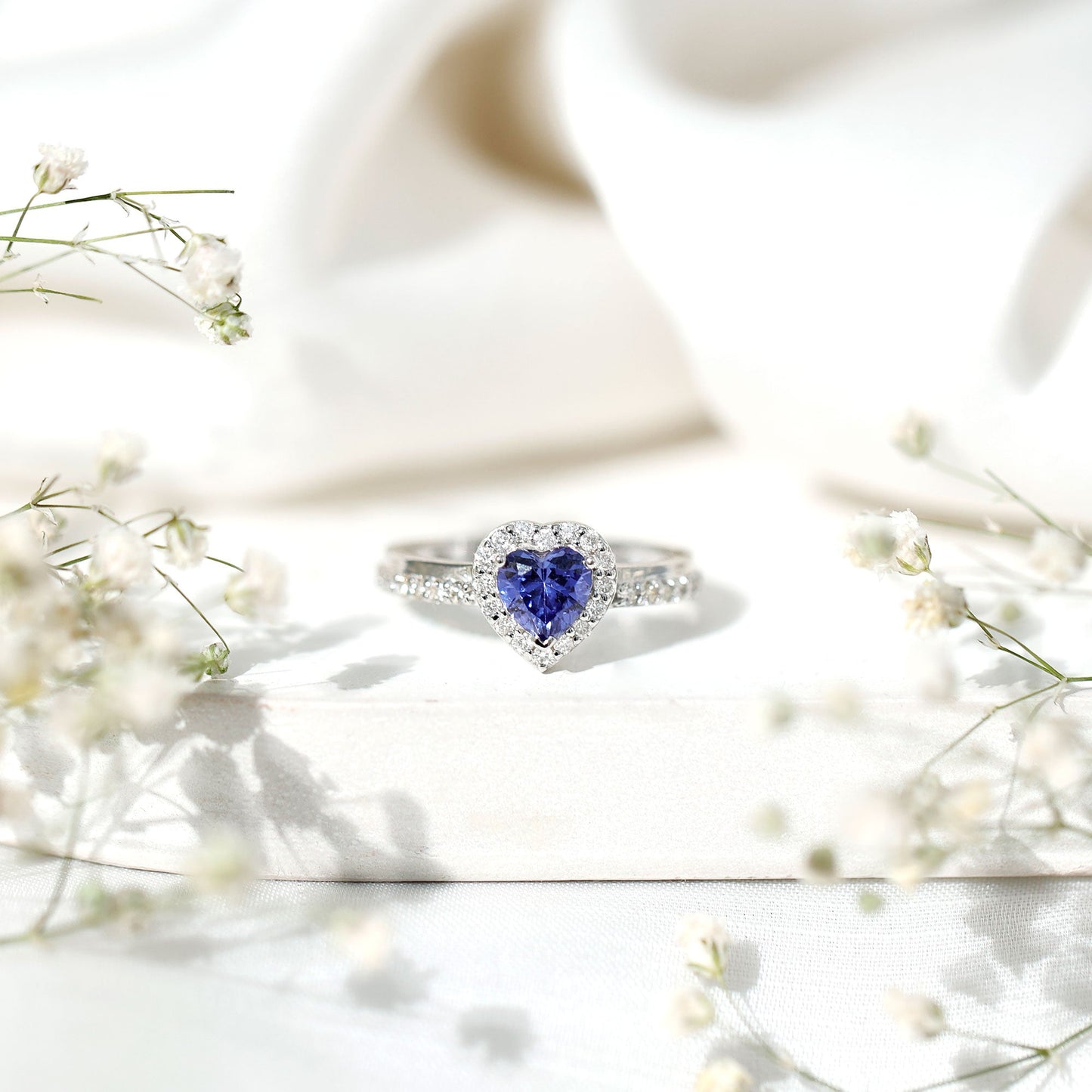 Certified 1 Carat Lab Grown Blue Sapphire Heart Engagement Ring with Diamond Halo