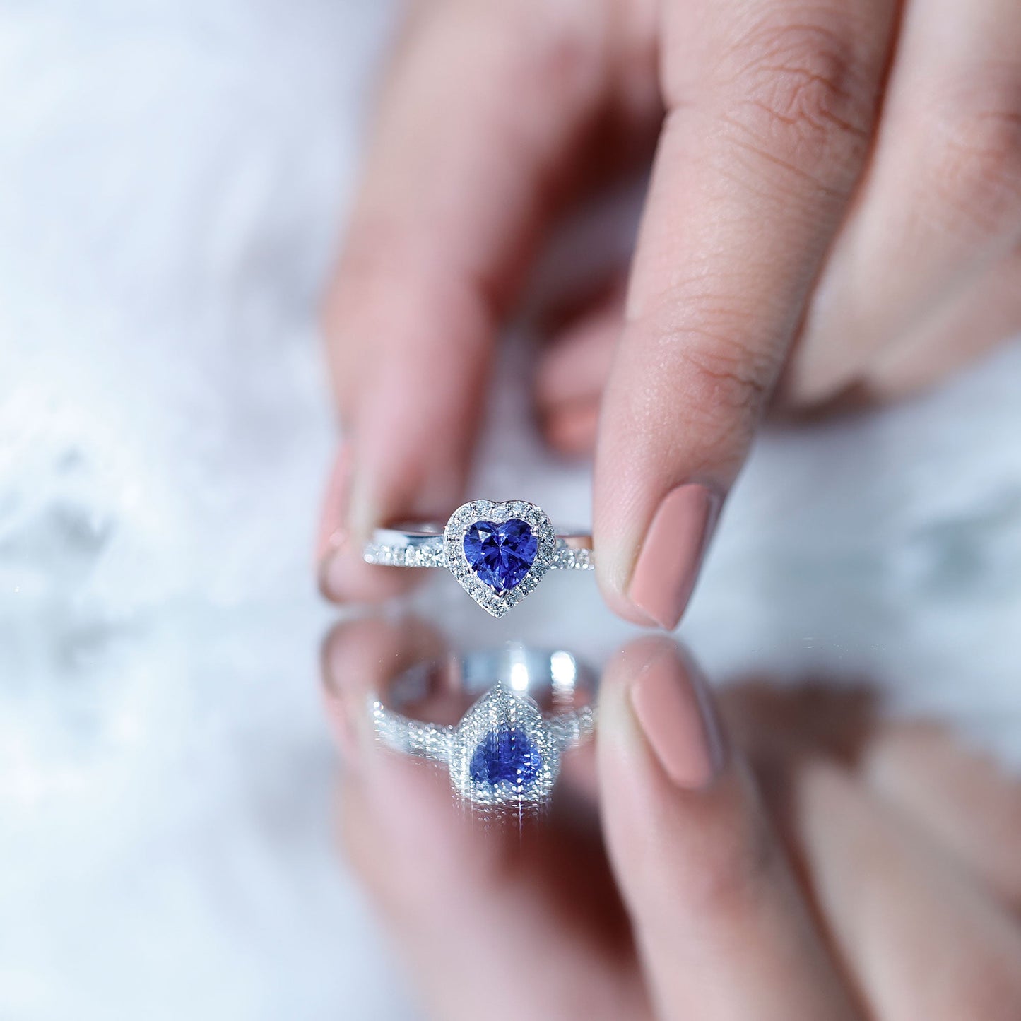Certified 1 Carat Lab Grown Blue Sapphire Heart Engagement Ring with Diamond Halo
