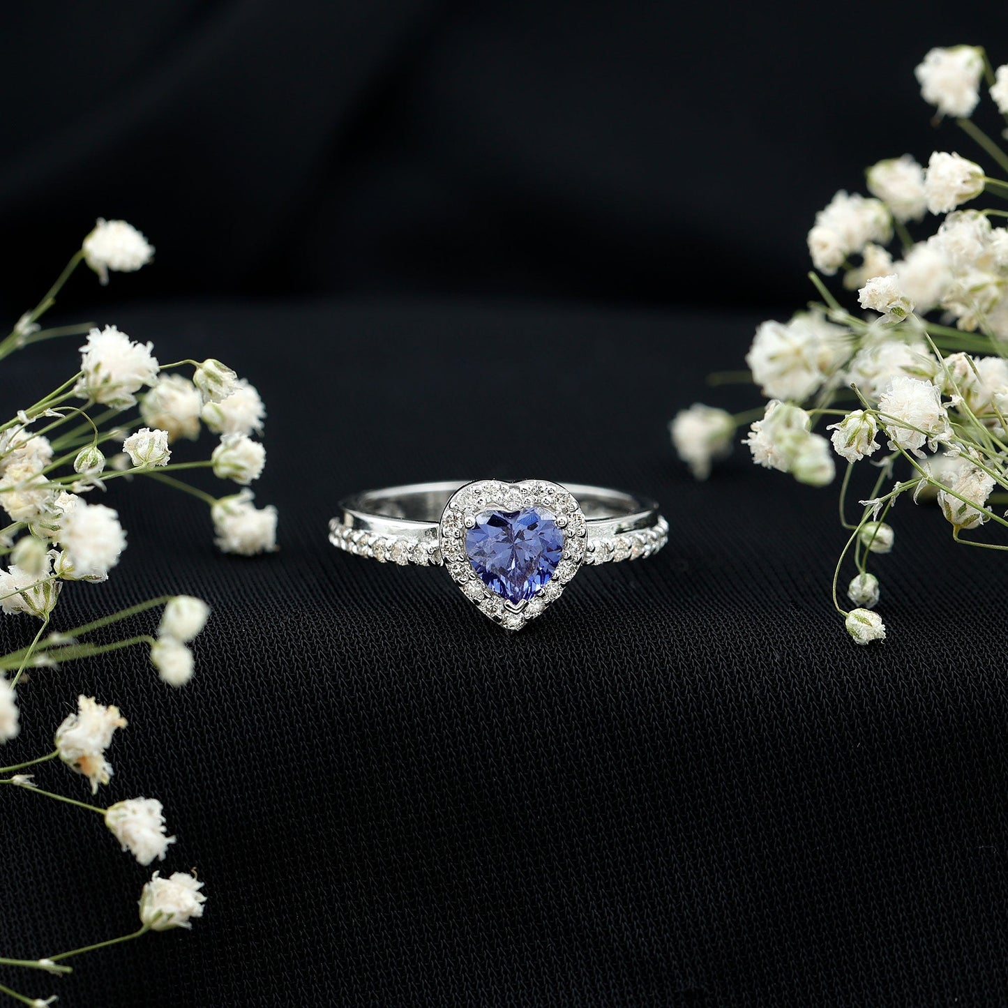 Certified 1 Carat Lab Grown Blue Sapphire Heart Engagement Ring with Diamond Halo