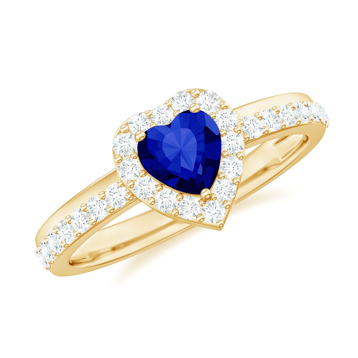 Certified 1 Carat Lab Grown Blue Sapphire Heart Engagement Ring with Diamond Halo