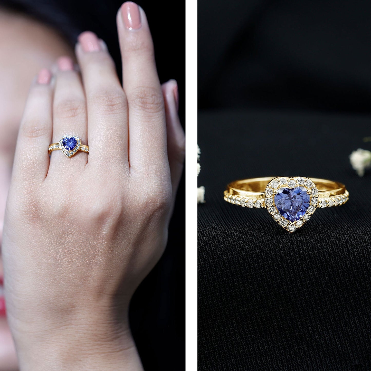 Certified 1 Carat Lab Grown Blue Sapphire Heart Engagement Ring with Diamond Halo