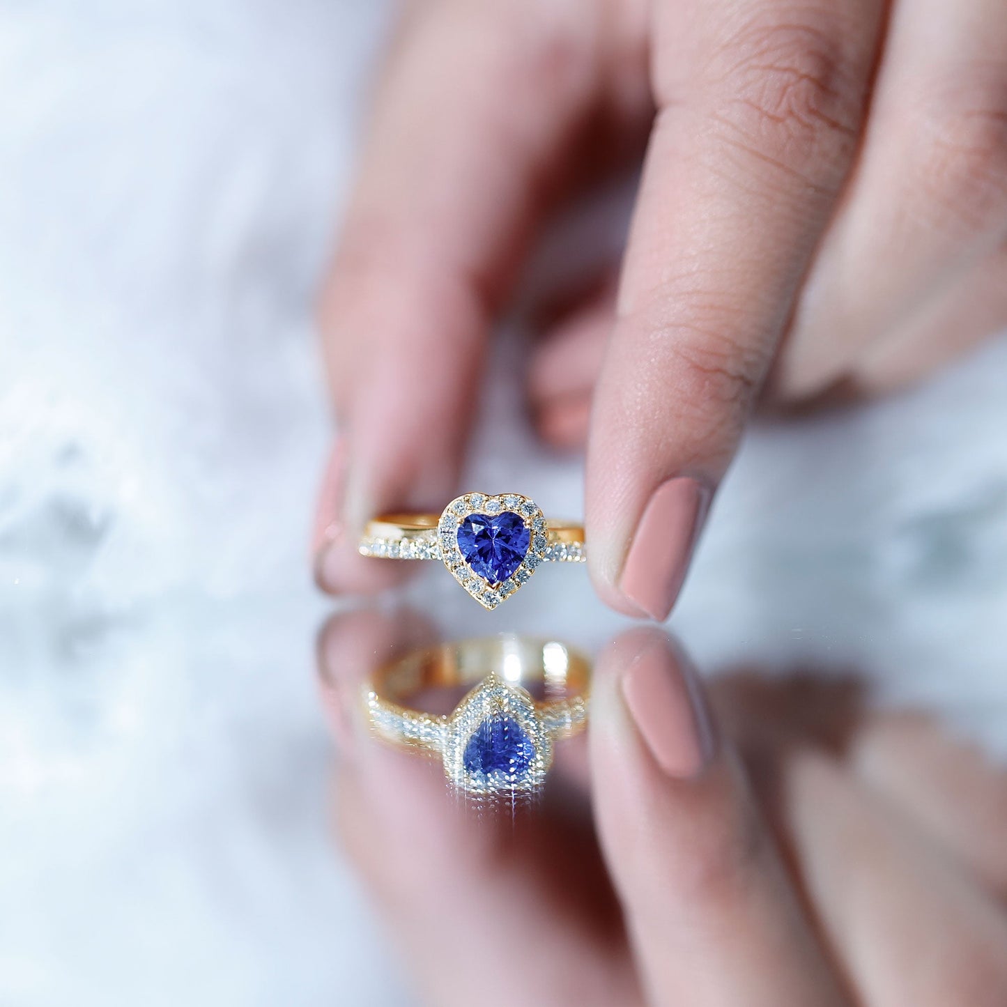 Certified 1 Carat Lab Grown Blue Sapphire Heart Engagement Ring with Diamond Halo