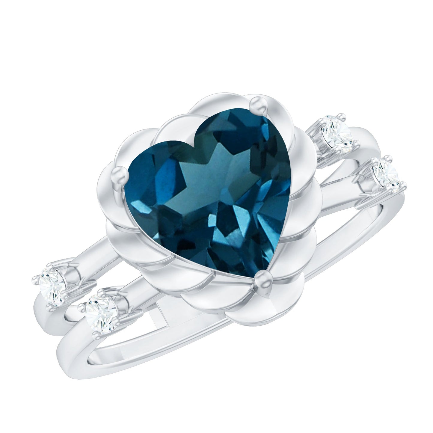 3/4 CT Heart Shape London Blue Topaz Double Band Ring with Diamond