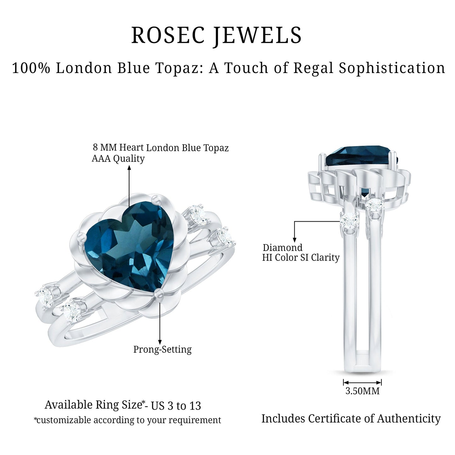 3/4 CT Heart Shape London Blue Topaz Double Band Ring with Diamond