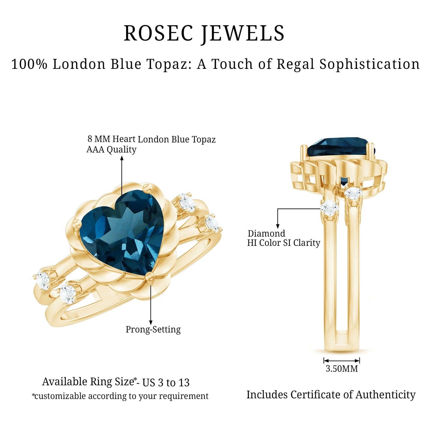 3/4 CT Heart Shape London Blue Topaz Double Band Ring with Diamond