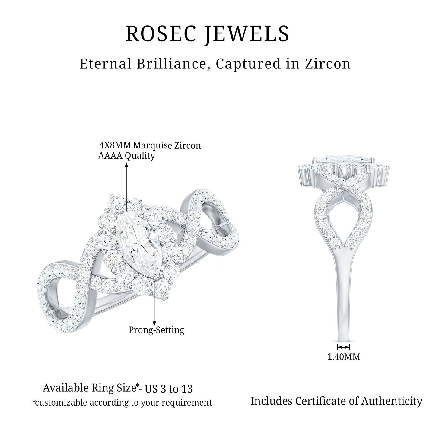 1.50 CT Marquise Cut Zircon Crossover Engagement Ring