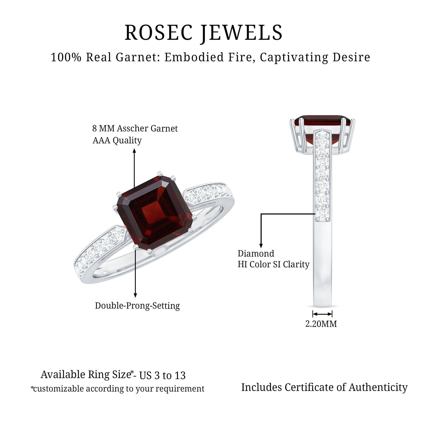 Natural Garnet 8 mm Asscher Cut Engagement Ring with Diamond