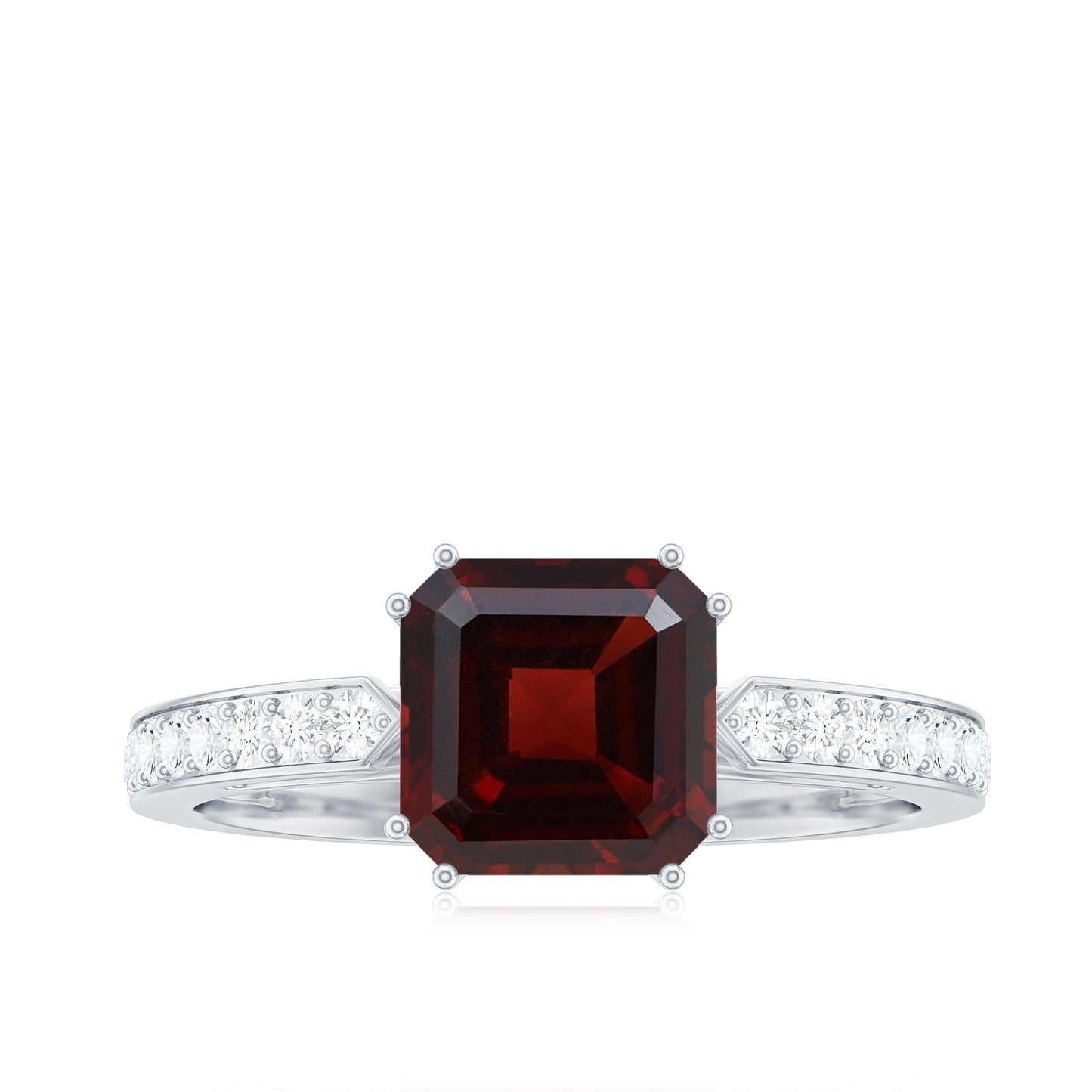 Natural Garnet 8 mm Asscher Cut Engagement Ring with Diamond