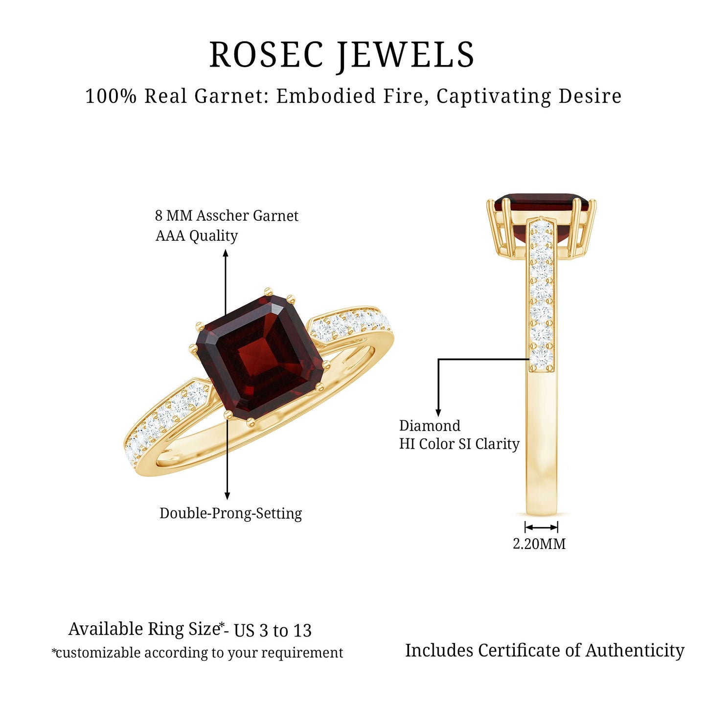 Natural Garnet 8 mm Asscher Cut Engagement Ring with Diamond