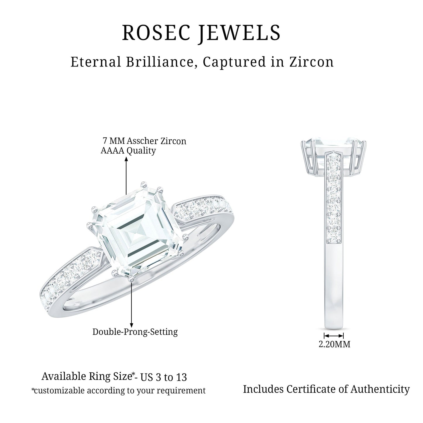 2 Carat Asscher Cut Solitaire CZ Diamond Engagement Ring