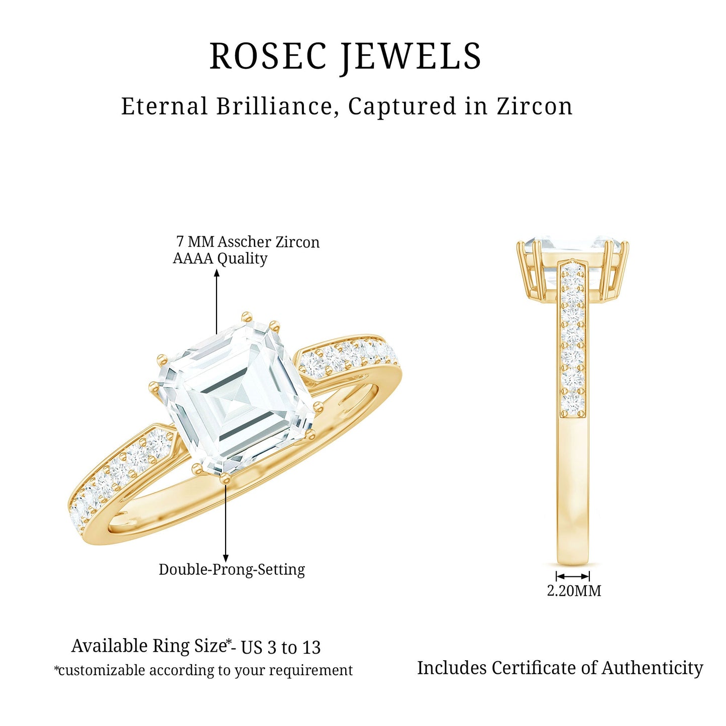 2 Carat Asscher Cut Solitaire CZ Diamond Engagement Ring