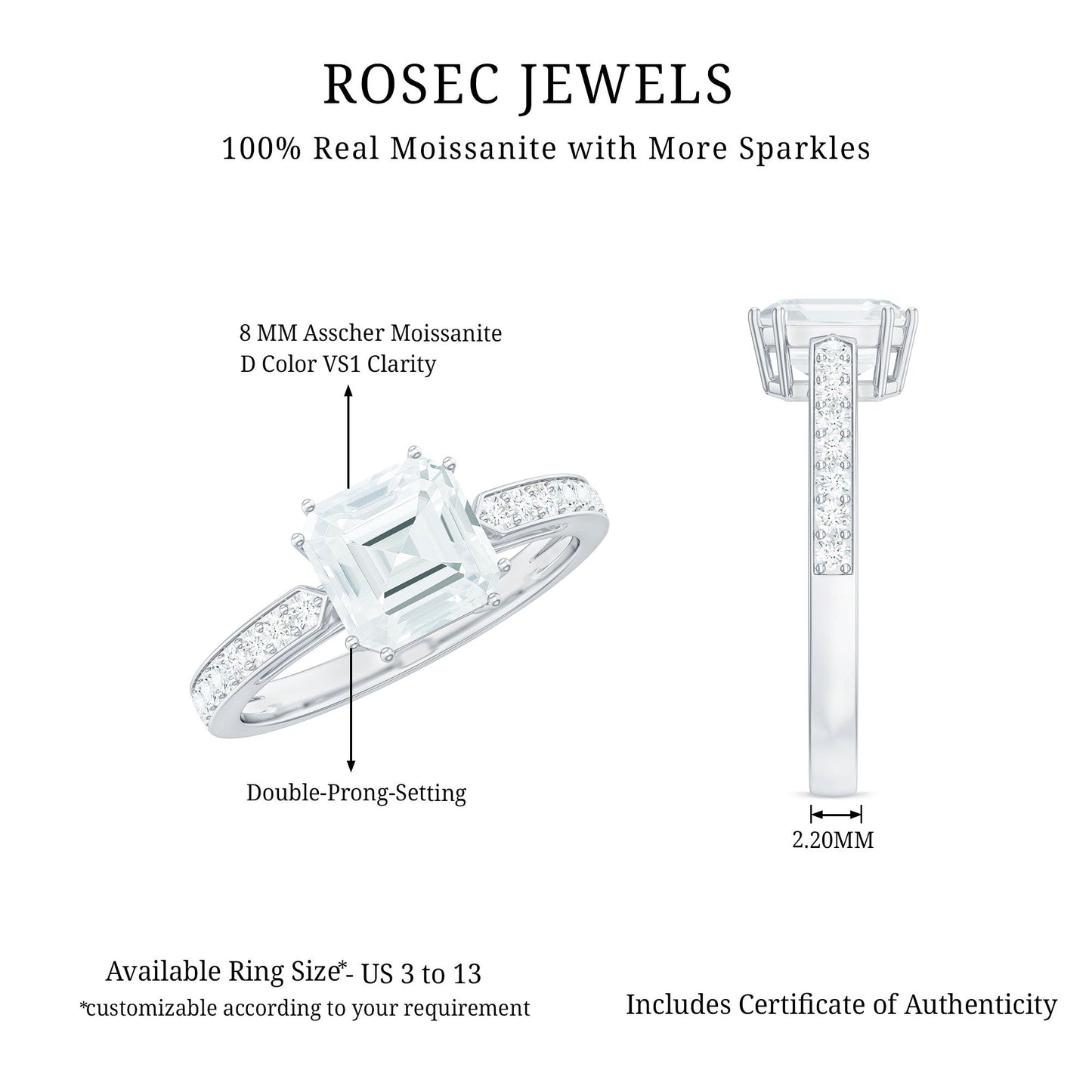 3.50 CT Asscher Cut Moissanite Solitaire Engagement Ring with Side Stones