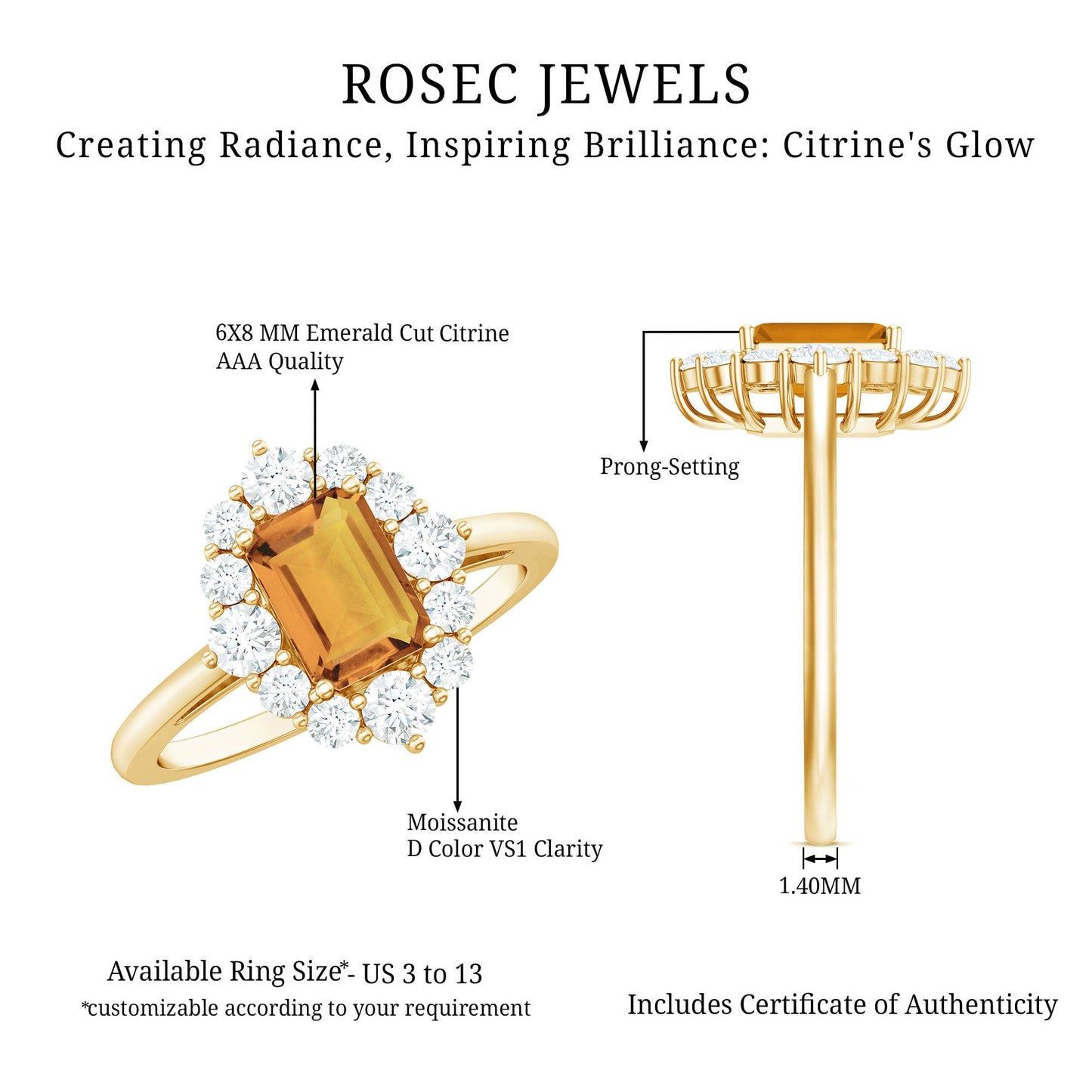 Certified Real Citrine Emerald Cut Engagement Ring with Moissanite Halo