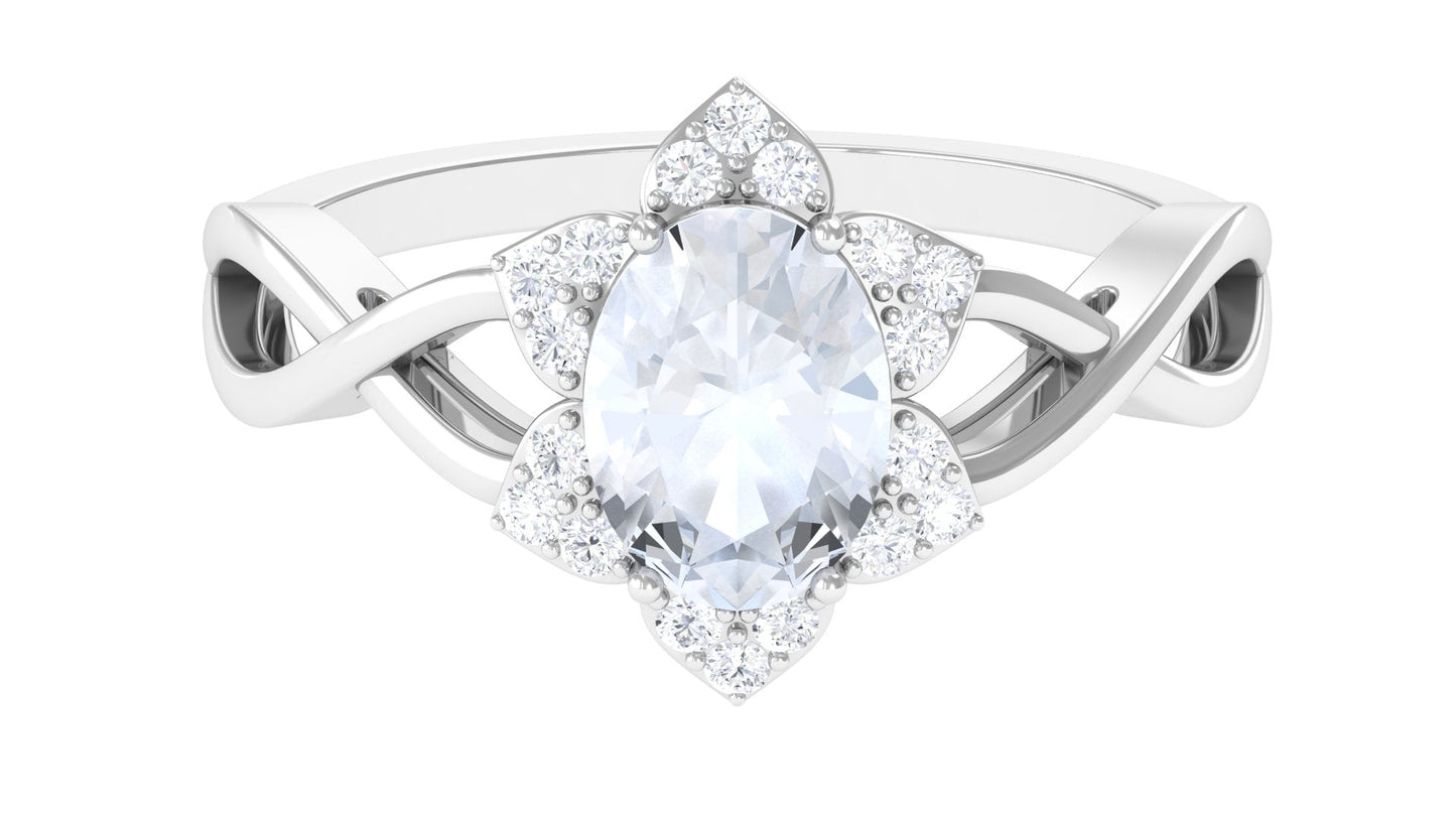 3/4 CT Oval Cut Solitaire Moonstone and Diamond Floral Halo Ring