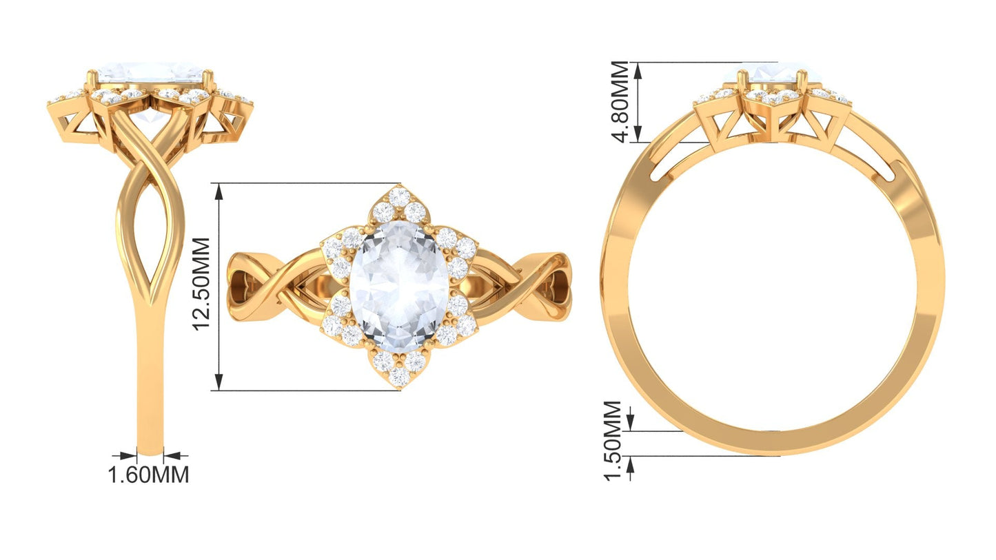 3/4 CT Oval Cut Solitaire Moonstone and Diamond Floral Halo Ring