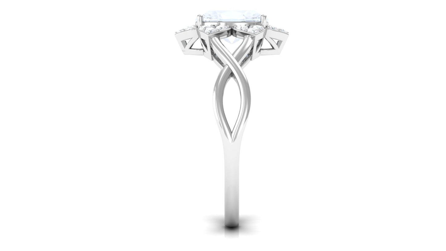 3/4 CT Oval Cut Solitaire Moonstone and Diamond Floral Halo Ring