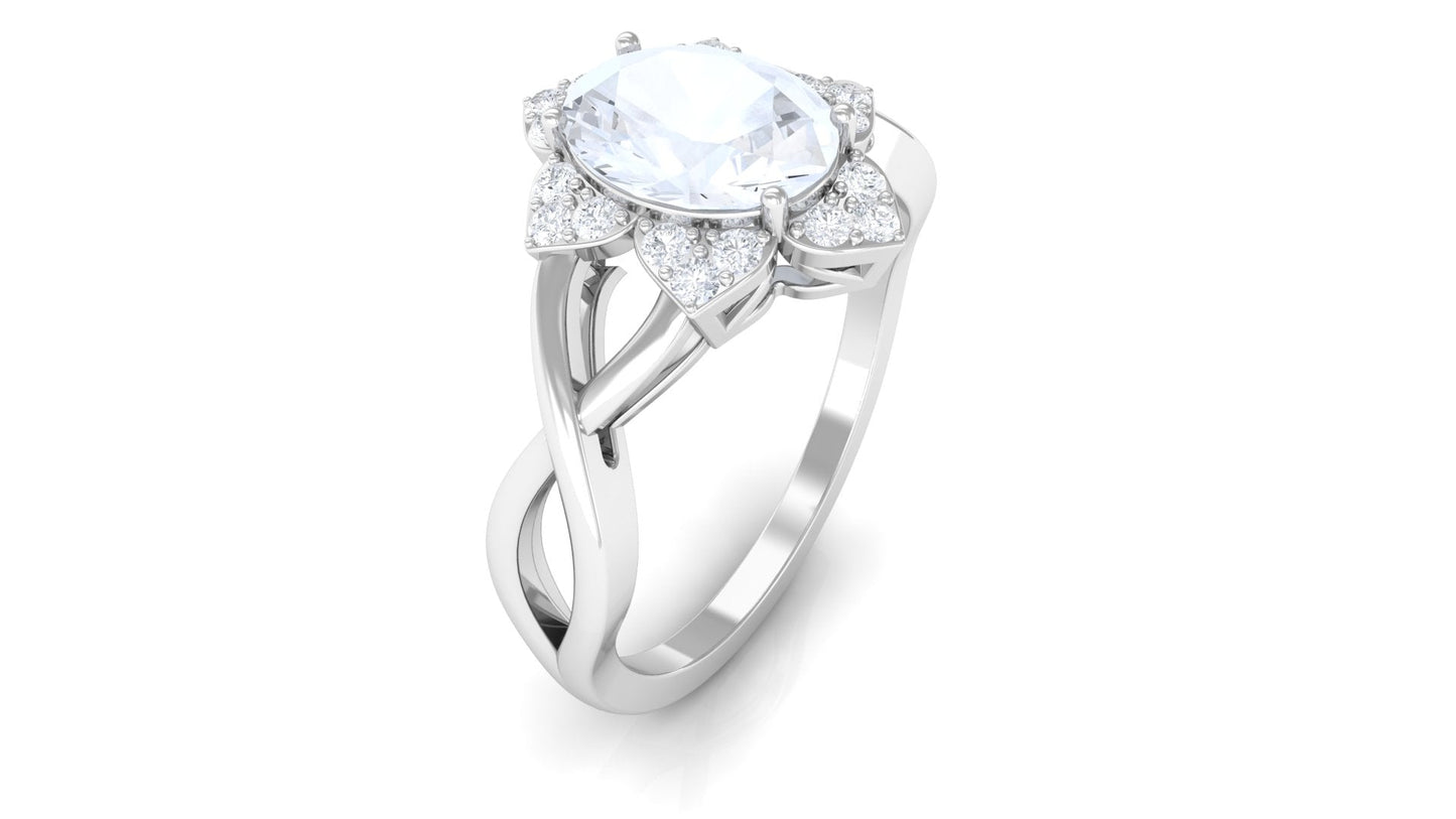 3/4 CT Oval Cut Solitaire Moonstone and Diamond Floral Halo Ring