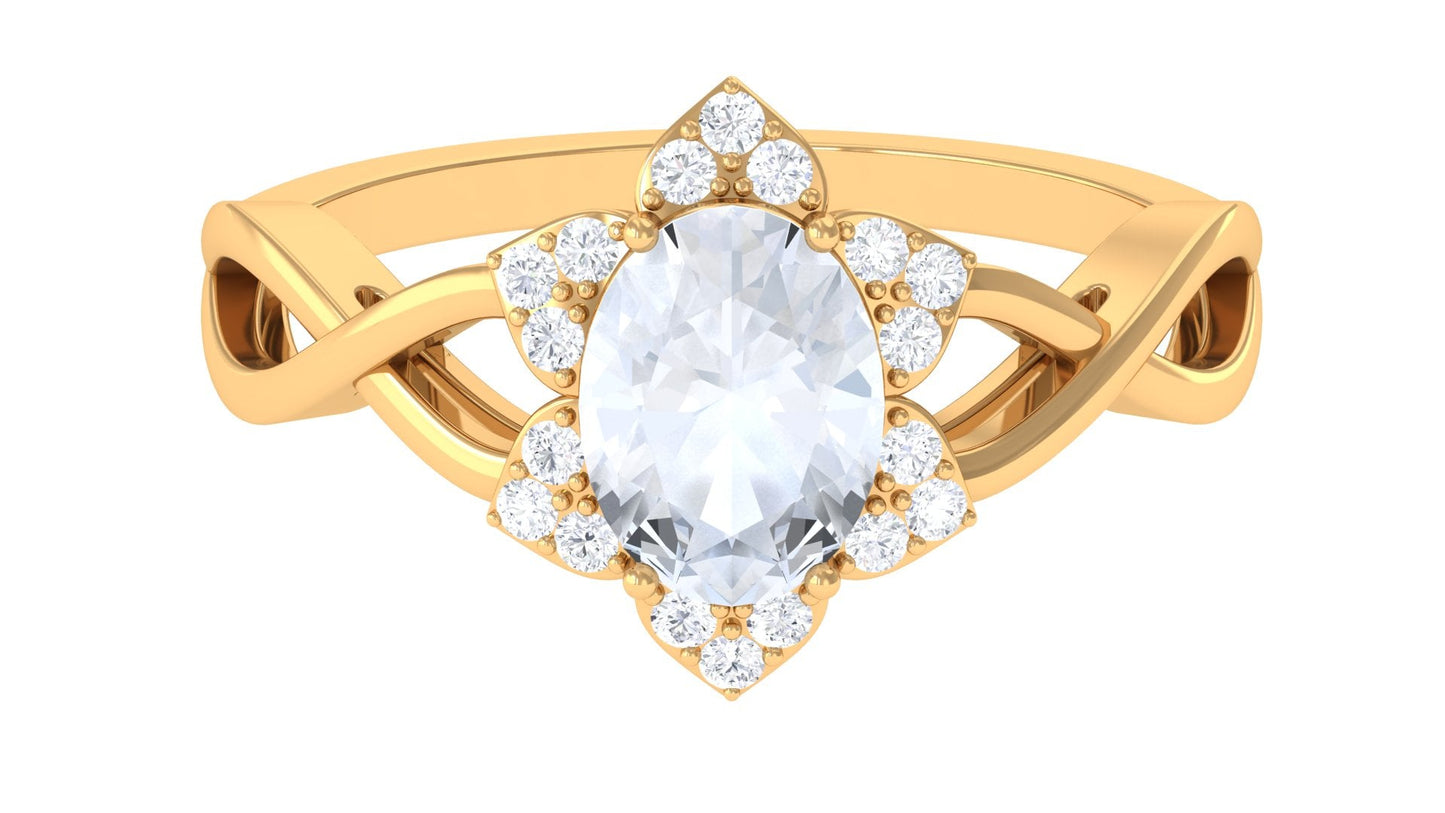 3/4 CT Oval Cut Solitaire Moonstone and Diamond Floral Halo Ring