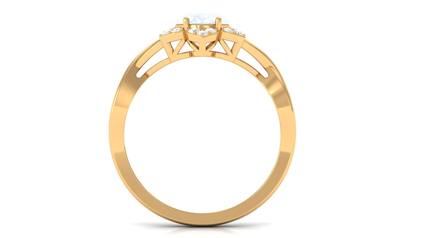 3/4 CT Oval Cut Solitaire Moonstone and Diamond Floral Halo Ring