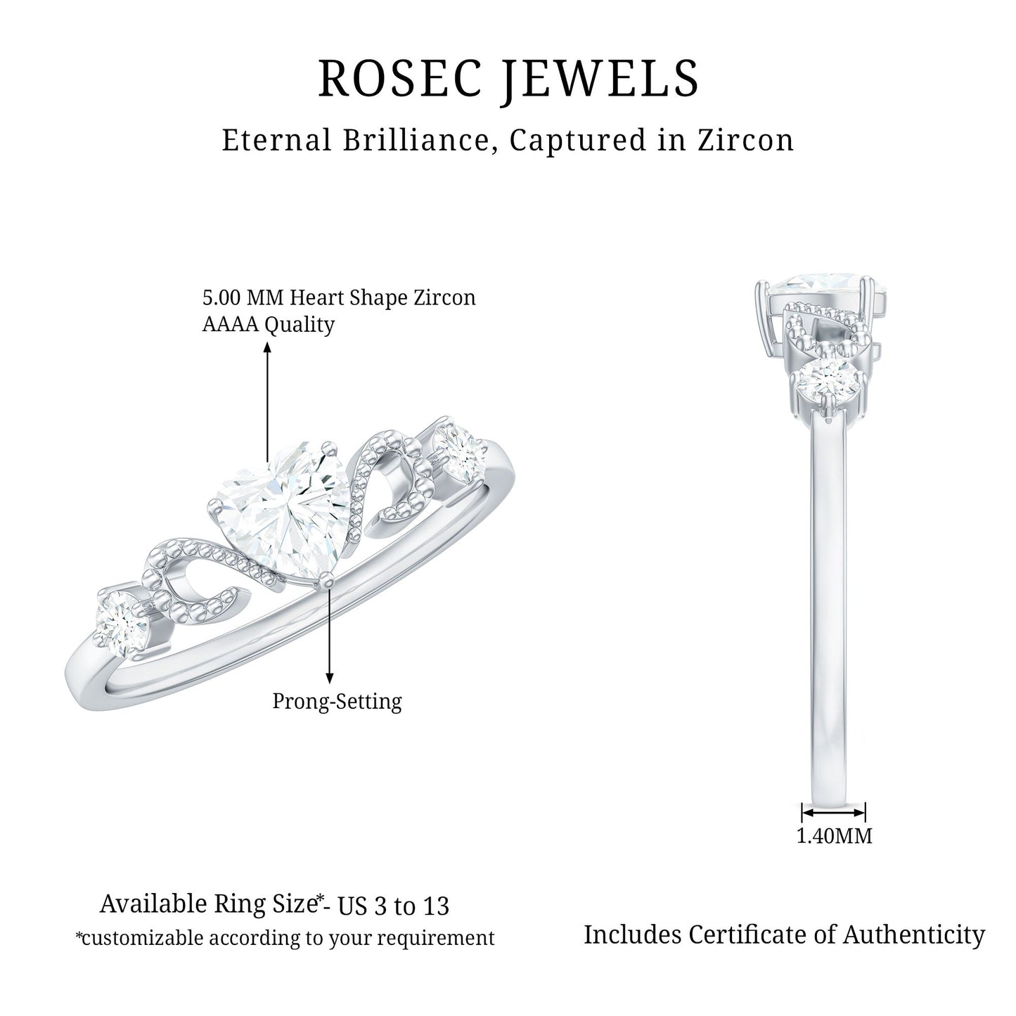 3/4 CT Minimal Zircon Heart Engagement Ring with Gold Beaded